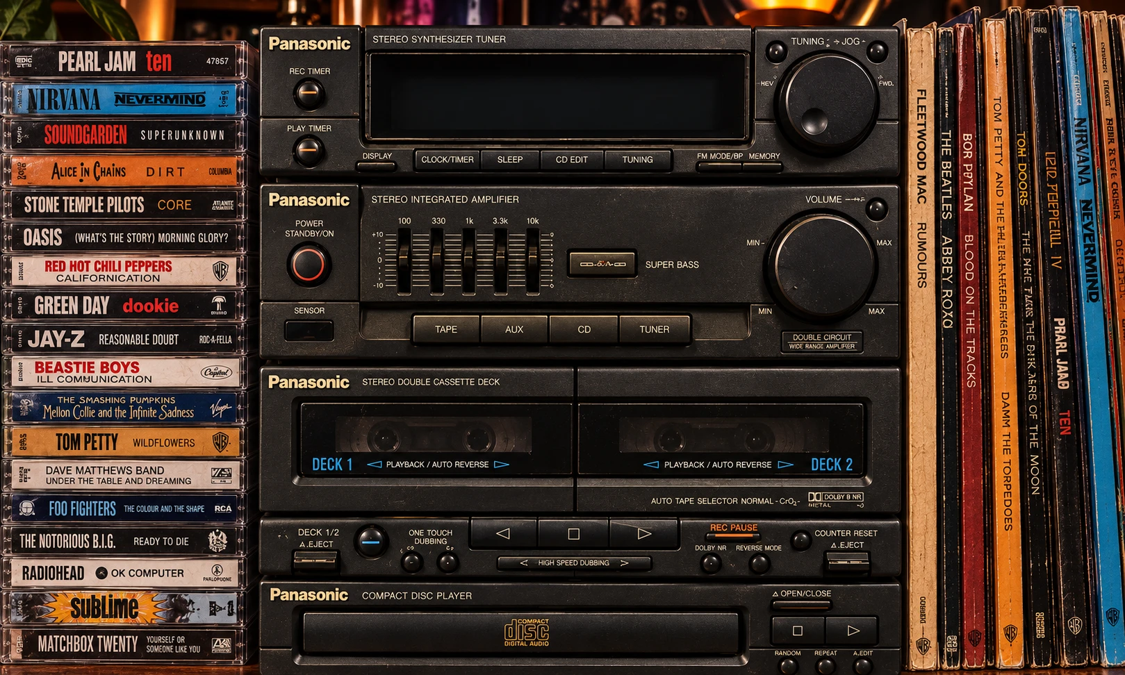 Panasonic stereo rack, flanked by cassette and CD collections