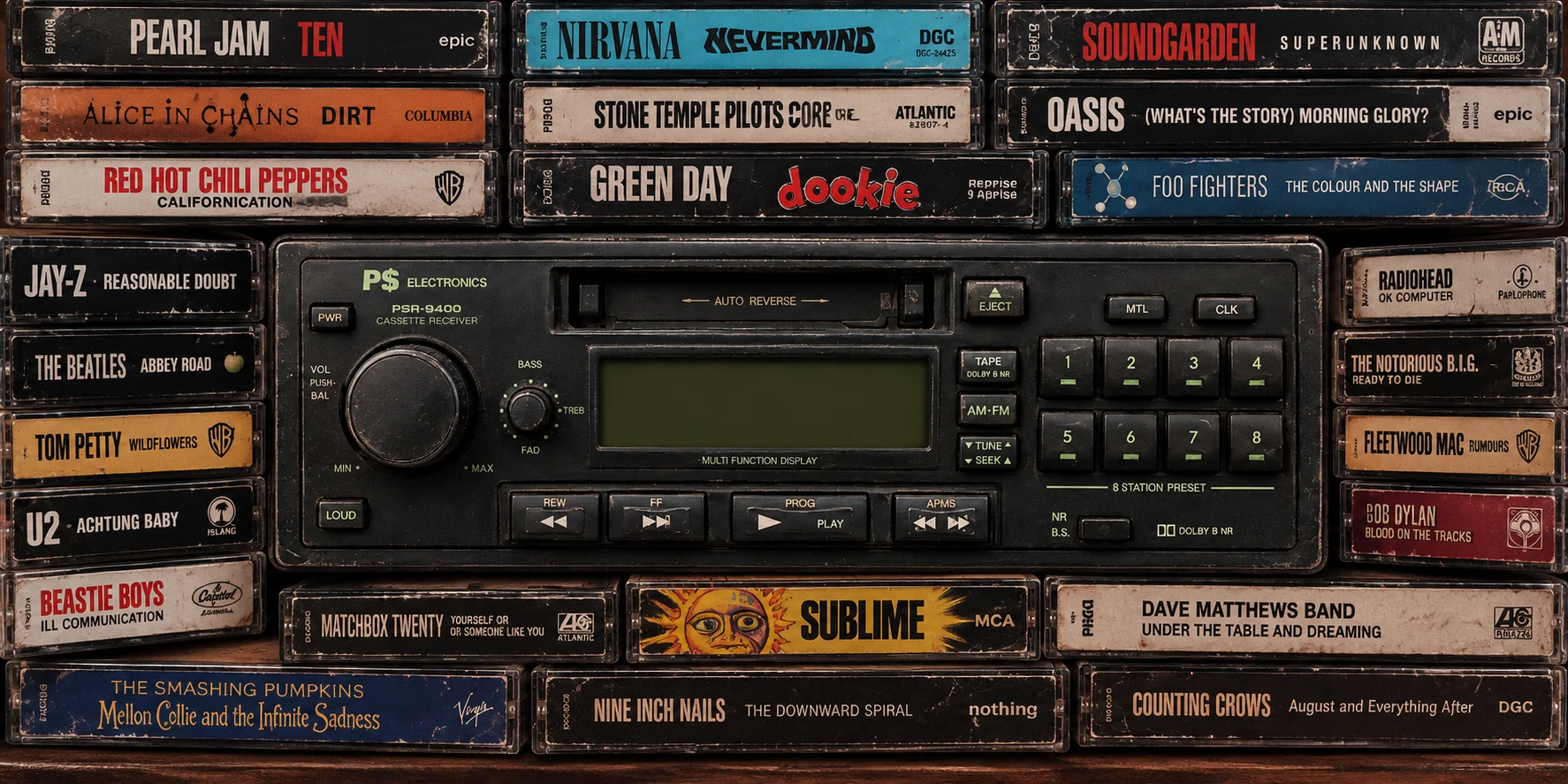 P$ Electronics PSR-9400 cassette receiver, shelved among a wall of cassette tapes